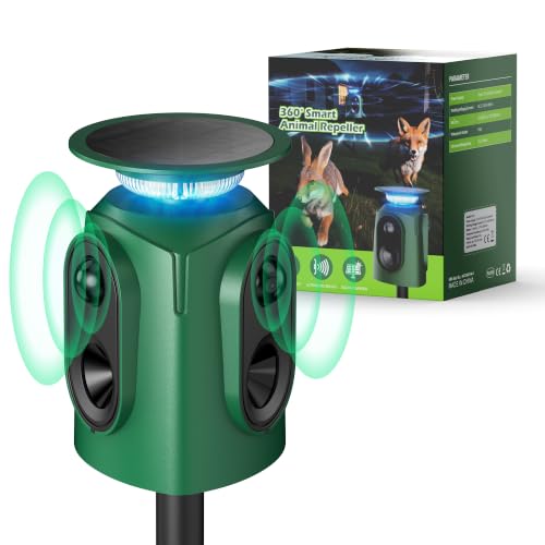 Solar Animal Repeller Outdoor, Squirrel Repellent & Cat Repellent Outdoor, Deer Repellent Devices, Coyote Deterrent Raccoon Repellent, Motion Activated Cat Deterrent 5 Modes IP65 Waterproof
