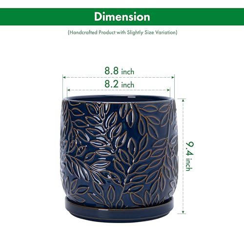 D'vine Dev Embossed Leaves Ceramic Planter, 8 in, Midnight Blue, 27-A-Q-3 - color: Midnight Blue, size: 8 Inch