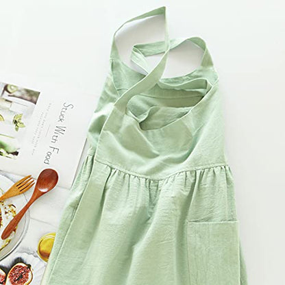 Cotton Linen Apron Cross Back Apron for Women with Pockets Pinafore Dress - color: 2 Pack-beige+light Green