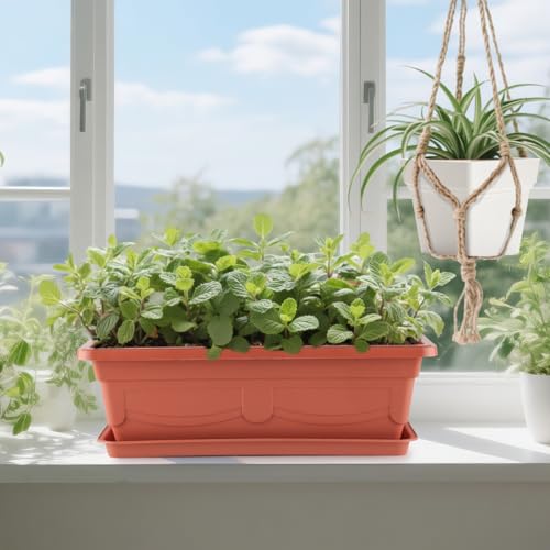 2-Pack 17" Window Box Planters & 4-Pack 7" Square Pots, 4p Square Planters with Built-in Drainage & Stopper, 2p Rectangular Flower Boxes, Heavy-duty Flower Pots BPA-Free for Indoor Outdoor Gardening
