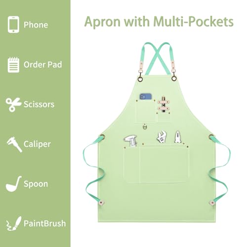 Dulabi Apron, Adjustable Chef Apron for Women and Men with Large Pockets, Cooking Kitchen Apron with Back Straps - color: Light Green