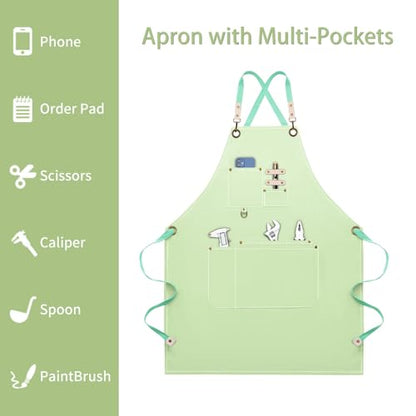 Dulabi Apron, Adjustable Chef Apron for Women and Men with Large Pockets, Cooking Kitchen Apron with Back Straps - color: Light Green