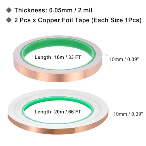 PATIKIL Copper Foil Tape (0.39" x 33/66FT) (1Set) Double Conductive Tape - size: 0.39 Inch x 33/66FT