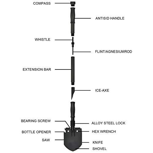 Survival Shovel, (28.3'') Camping Folding Shovel, Military Spade Multitool, Tactical Trench Tool, with Pickaxe, Compass, Whistle, Molle Bag for Digging, Metal-Detecting, Off Roading, Emergency - size: 28.3''