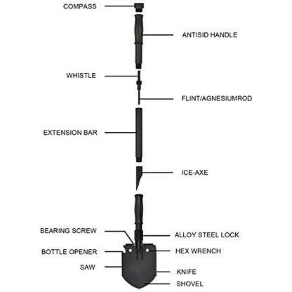 Survival Shovel, (28.3'') Camping Folding Shovel, Military Spade Multitool, Tactical Trench Tool, with Pickaxe, Compass, Whistle, Molle Bag for Digging, Metal-Detecting, Off Roading, Emergency - size: 28.3''