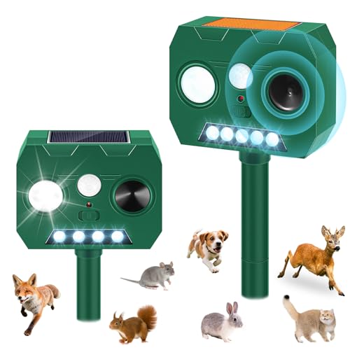 Solar Ultrasonic Animal Repellent Outdoor, 2 Pack Cat Repellent Outdoor Deer Repellent Devices with PIR Motion Sensor ＆ LED Flash, Waterproof Squirrel Repeller, Cat, Raccoons, Rabbits, Deer, Skunk