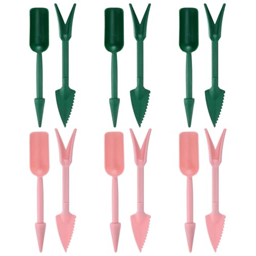 M METERXITY 6-Set Mini Gardening Tools, Plastic 2-in-1 Portable Garden Shovel Hand Tools Set Digging Scoops Kits for Plant/Seedlings/Transplanting/Succulent/Bonsai [Green,Pink] - color: Green,Pink