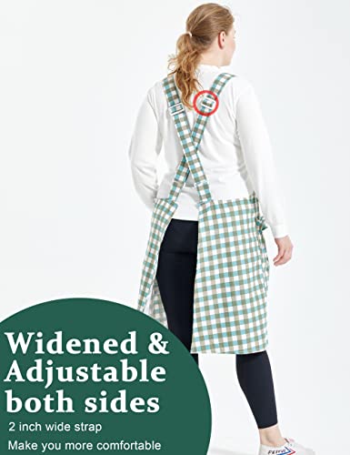 Big Plus Size Aprons for Women with Pockets Cotton Linen Baking Kitchen Cooking - color: Green Grid