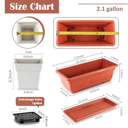 2-Pack 17" Window Box Planters & 4-Pack 7" Square Pots, 4p Square Planters with Built-in Drainage & Stopper, 2p Rectangular Flower Boxes, Heavy-duty Flower Pots BPA-Free for Indoor Outdoor Gardening