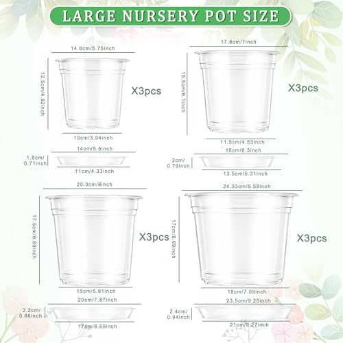 12PCS 5.75/7/8/10 in Clear Nursery Pots with Drainage Plant Pots