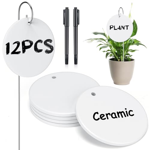 CroBlissful 12 Pcs Plant Labels Ceramic Garden Sign Markers 3 Inch Round Garden Labels Reusable Waterproof Ceramic Plant Sign Tags with Stainless Steel Stake and Pen for Flower Vegetable Potted Plant