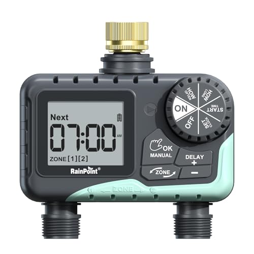 RAINPOINT Water Timer for Garden Hose - Sprinkler Timer with Brass Swivel - Rain Delay/Manual Watering/Automatic Irrigation Programmable Faucet for Yard, 2 Outlet - color: Brass