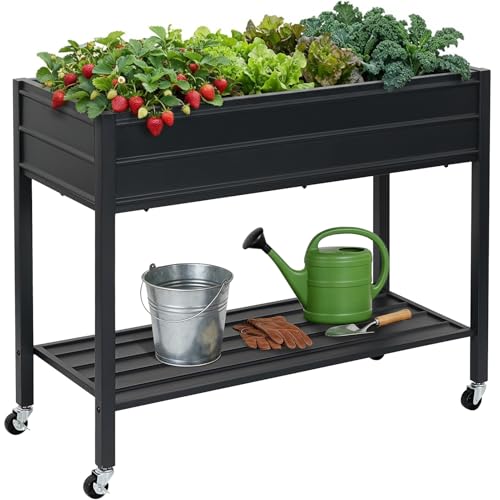 32" Tall Galvanized Raised Garden Bed with Legs Wheels & Shelf, Black - color: Black