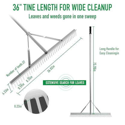 Landscape Rake 36" Head Aluminum Rake, 76" Long Handle, 37 Tines