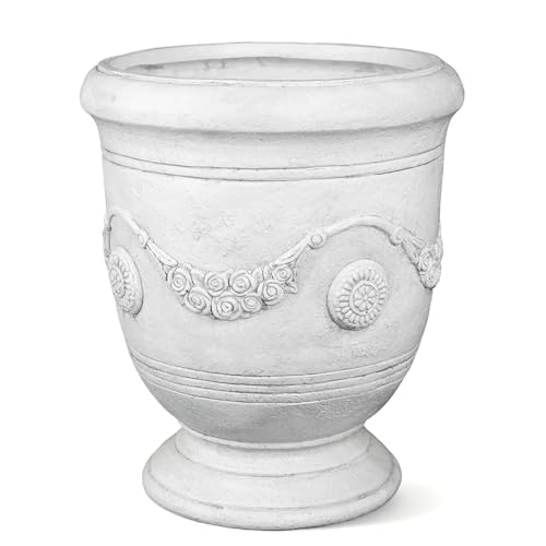 Planters for Indoor & Outdoor Plants, 16.5 Inch Large Magnesium Oxide Urn Planter with Drainage Hole, Decorative Unique Garden Plant Pots for Front Porch & Home Decor, Lightweight, White - color: White