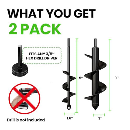 K-Brands Auger Drill Bit for Planting – 1.6 x 9 Inch & 3 x 9 Inch Set - size: 1.6 x 9 + 3 x 9 Inch