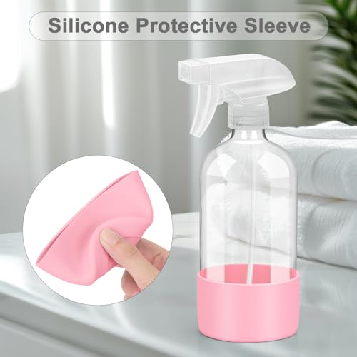 Glass Spray Bottles - 2 Pack 16 oz Clear Spray Bottles with Silicone Sleeve - color: Pink&Grey