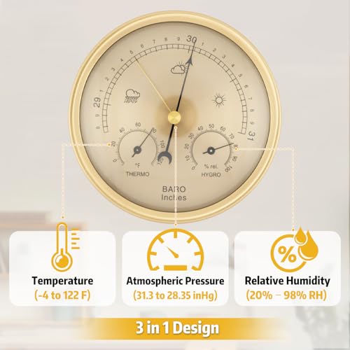 3-in-1 Analog Weather Station, 132mm Barometer Thermometer Hygrometer, Accurate Fahrenheit Readings, Indoor Outdoor Air Pressure Temp Humidity Monitor- Golden