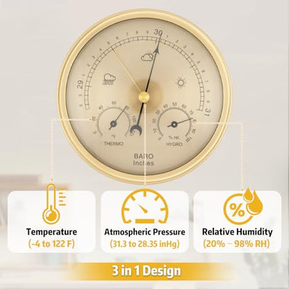 3-in-1 Analog Weather Station, 132mm Barometer Thermometer Hygrometer, Accurate Fahrenheit Readings, Indoor Outdoor Air Pressure Temp Humidity Monitor- Golden