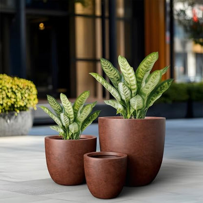 Kante Set of 3 Rusty Concrete Bowl Planters 18" 14" 10" Dia - color: Rusty, size: 18"d + 14"d + 10"d