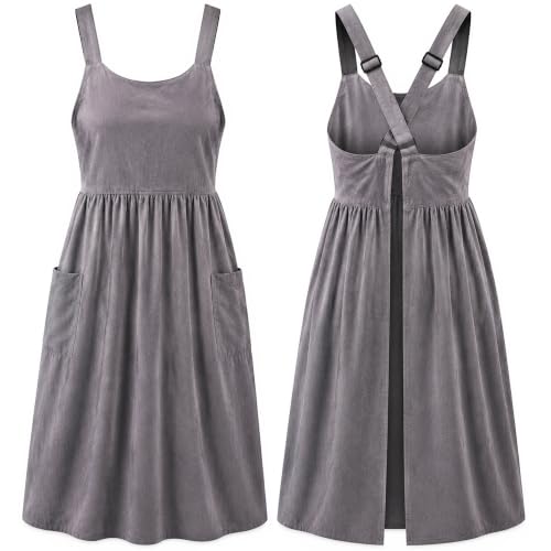 Cotton Linen Apron Cross Back Apron for Women with Pockets Pinafore Dress - color: Grey