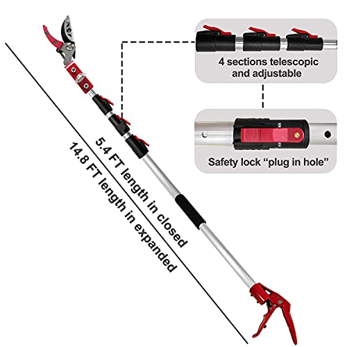 5.4-14.8 FT Tree Pruner Extendable 4 Sections, Telescopic Cut and Hold Trimmers Pole Saws Trimming Long Reach Pruning Shears Branch Cutter Clipper Bypass Lopper Fruit Picker