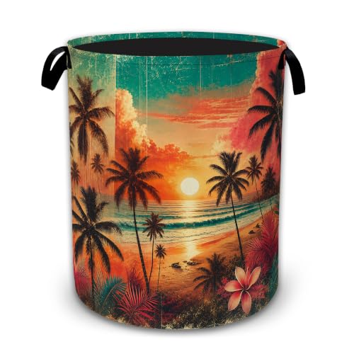 Tropical Sunset Large Laundry Hamper，Palm Beach Collapsible Oxford Clothes Basket with Handles, Freestanding Dirty Clothes Organizer for Bedroom Bathroom Dorm Laundry Room, 16 x 20.8 Inch - color: Tropical Sunset