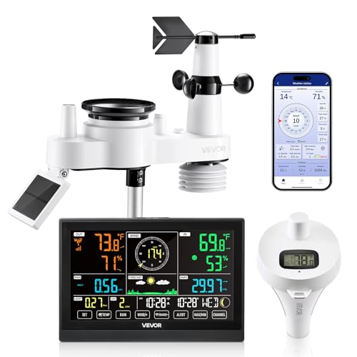 VEVOR 7-in-1 Wi-Fi Weather Station with APP, 7.5 in Display, Wireless Solar Powered Outdoor Sensor, with Pool Thermometer, Rain Gauge, Indoor Outdoor for Weather Forecast, Wind Speed, Pool Temperature