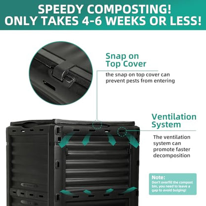 Compost Bin Outdoor, 80 Gallon Large Garden Composter, Black - color: 80 Gallon