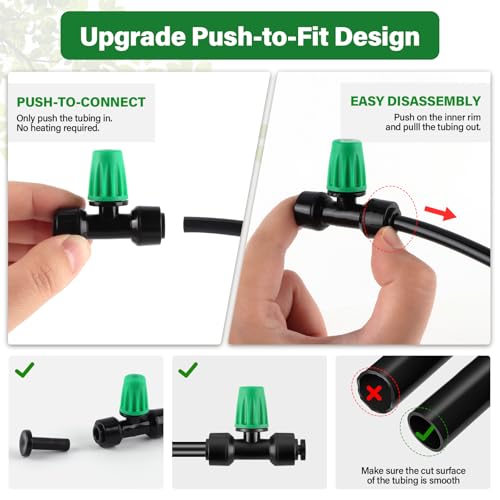 Kalolary 30Pcs Push-to-Fit Drip Irrigation Spray Emitters for 1/4" Tubing - size: 1/4” Push-to-Connect Tee- Misting- 30P Green