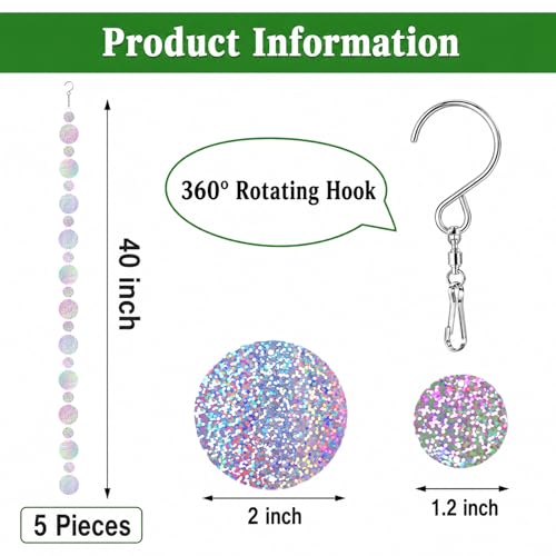 5 Pack Reflective Bird Scare Discs Set, 40 Inch Long Bird Scare Hanging Devices Double-Sided Reflectors Deterrents Keep Birds Away for Garden, Orchards, Patio, Yard (Silver) - color: Silver