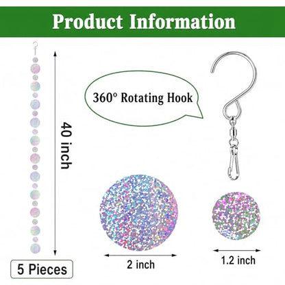 5 Pack Reflective Bird Scare Discs Set, 40 Inch Long Bird Scare Hanging Devices Double-Sided Reflectors Deterrents Keep Birds Away for Garden, Orchards, Patio, Yard (Silver) - color: Silver