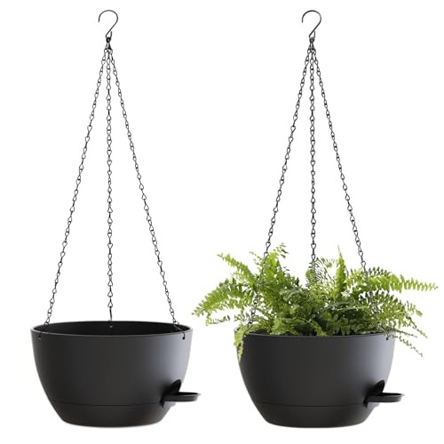 10 Inch Hanging Baskets 2 PC with Chains, Self-Watering Hanging Planters for Indoor Outdoor Plants, Plastic Hanging Flower Pots,Black - color: Black, size: 10 inch