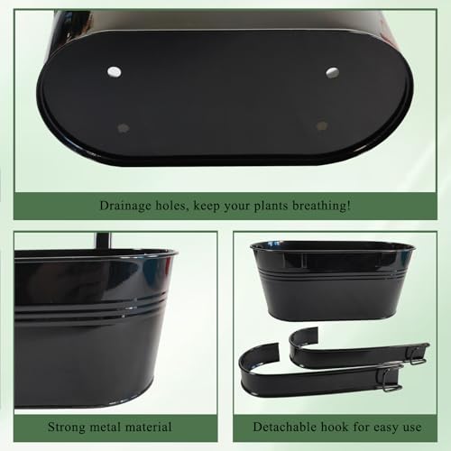 6 Pack 12" Metal Balcony Fence Railing Planters for Outdoor, Oval Black - color: Oval-black