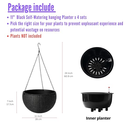 LaLaGreen Indoor Hanging Planters (11in, 4 Pack) Self-Watering Flower Pots - color: Black X 4