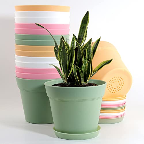 WOUSIWER 16 Pack 6 inch Plastic Planters, Indoor Flower Pots, Heavy Duty and Stylish 6 Inch Plant Pots for Indoor Plants with Drainage Holes and Tray for Plants, Flowers, Colorful - color: Colorful