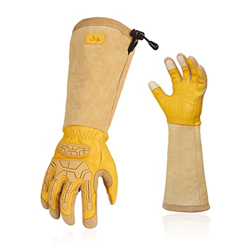 Vgo... Men's Extra-Long Leather Gardening Gloves, Gauntlet with Adjustable Cuff, Puncture & Thorn Proof, Touchscreen (CA9659) - color: 1 Pair - Yellow, size: Medium