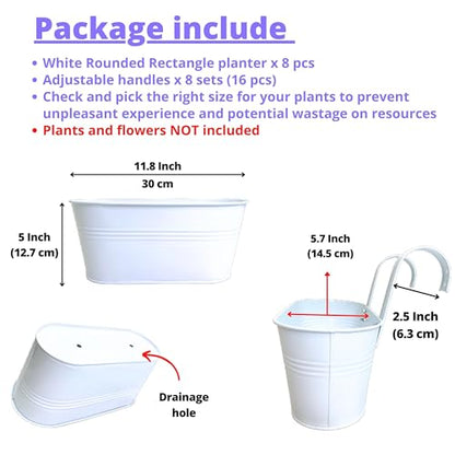 LaLaGreen Outdoor Rail Planter (11.8 in, 8 Pack) White Metal Fence Buckets - size: 11.8" (30 cm) x 8 Pack