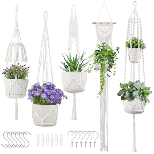 Macrame Plant Hangers 5Pack, Handmade Cotton Rope Hanging Planters - color: White