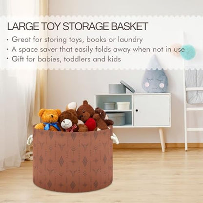 Brown Western Boho Round Storage Basket Collapsible with Handle - color: Brown