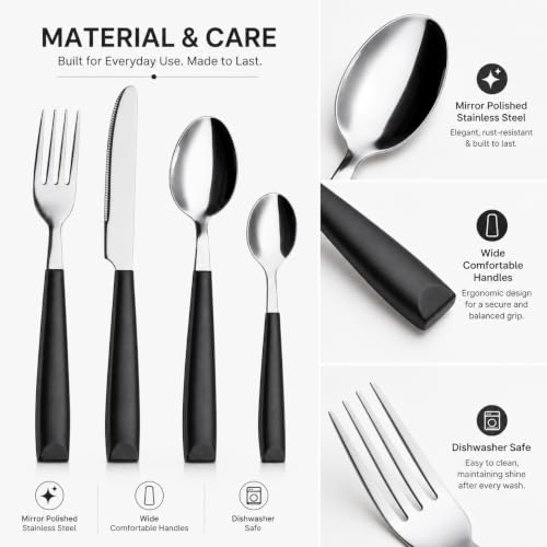 EXZACT 16 pcs Flatware Set Stainless Steel Wide Handles Serves 4 Black - color: Black x 16