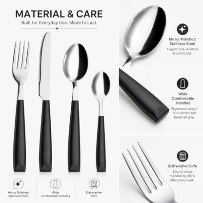 EXZACT 16 pcs Flatware Set Stainless Steel Wide Handles Serves 4 Black - color: Black x 16