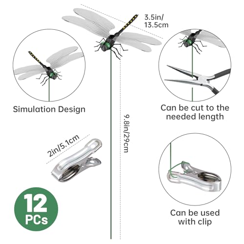 NiHome 12 Pack 3D Dragonfly Clips, Fake Garden Decor, Waterproof PVC, Black - color: Black