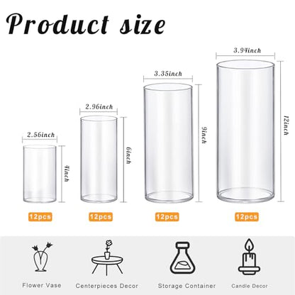 48 Pack Thick Glass Cylinder Vases 4,6,9,12 Inch Tall Clear Flower Vase Hurricane Floating Candle Holder for Table Centerpiece Wedding Home Decor - size: 48 Pack(4,6,9,12 Inch)