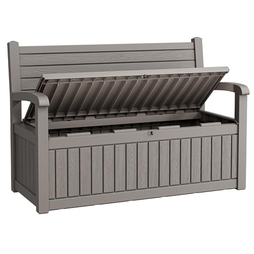 80 Gallon Lockable Deck Bench with Storage, Resin Stripes Outdoor Storage Box, Waterproof Outdoor Porch Bench for Patio Pool and Cushions Garden Tools, Grey - color: Grey