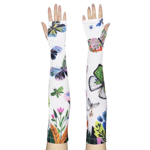 YAMEIZE Gardening Long Arm Sleeves for Women - Sun Protection Cooling Floral Sleeves to Cover Arm for Garden - color: Off-white