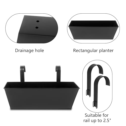 16 Inch Railing Planters Box Metal Hanging Flower Pot 5 Pcs - color: Black-5pcs