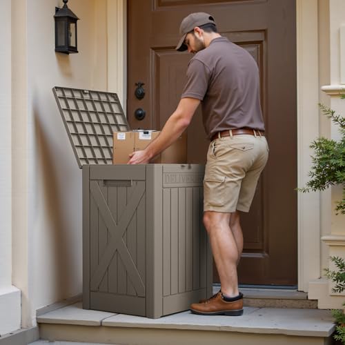 JUMMICO 52 Gallon Resin Package Delivery Box Lockable&Waterproof - color: Light Brown