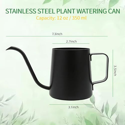 Small Watering Can for Indoor Plants, 12 oz Metal Stainless Steel Plant Watering Pot with Long Spout for House Plants, 17 oz Plastic Plant Mister Spray Bottle for Bonsai Flower Garden