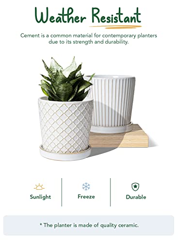 LE TAUCI Ceramic Pots for Plants, 5.4 Inch Plant Pots with Drainage Hole and Saucer, Indoor Plant Pots for Succulent, Snake Plants and Cactus, Flower Pots, Set of 2, Reactive Glaze White - size: 5.4 inch, style: Clover Trellis & Vertical Ribbed Set